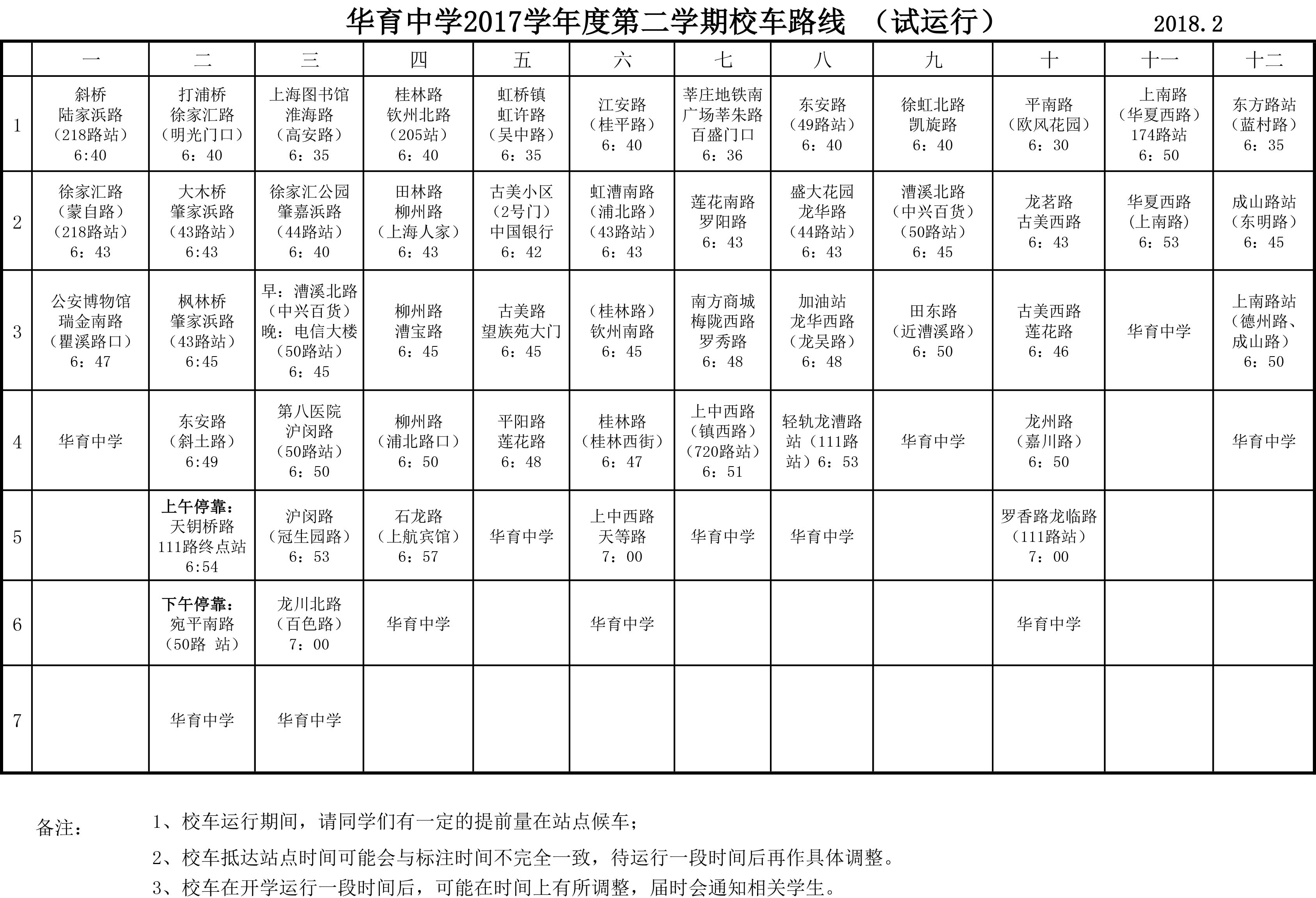 上海市華育中學(xué)2017學(xué)年度第二學(xué)期校車路線